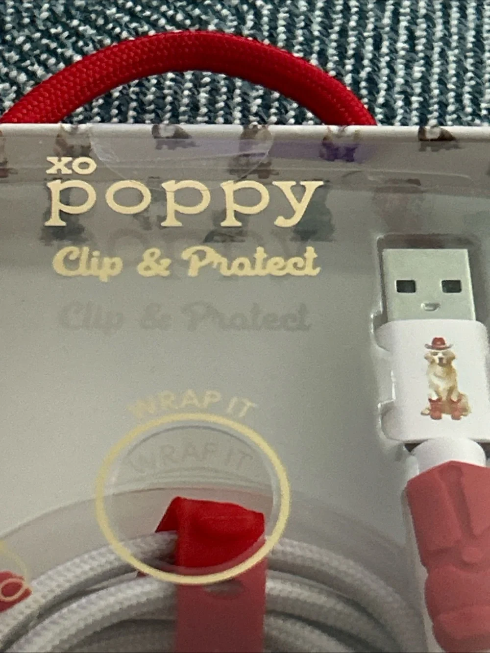 XO Poppy Phone Charger USB-A Cable 4 ft NIB- Red Boots W/ Dog- Quick Charge